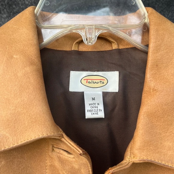 Talbots Womens Tan 100% Leather Patina Vintage Trucker Jacket Medium Camel Honey - Picture 2 of 9